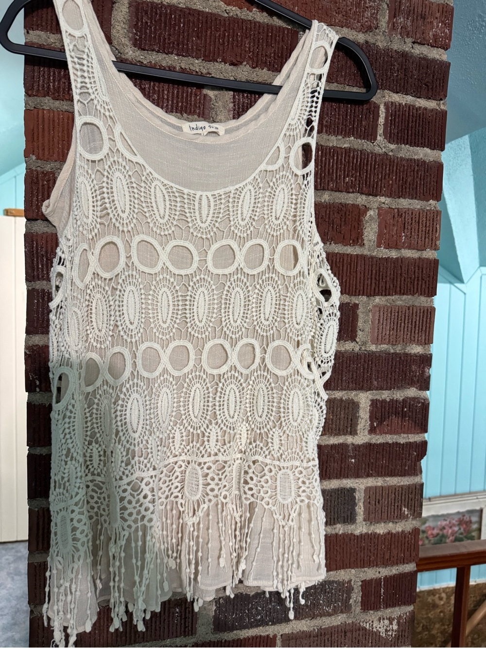 Indigo Cream Crochet Fringe Camisole Tank